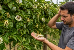 Cultivador observando flores caídas em um maracujazeiro que floresce, mas não produz frutos.