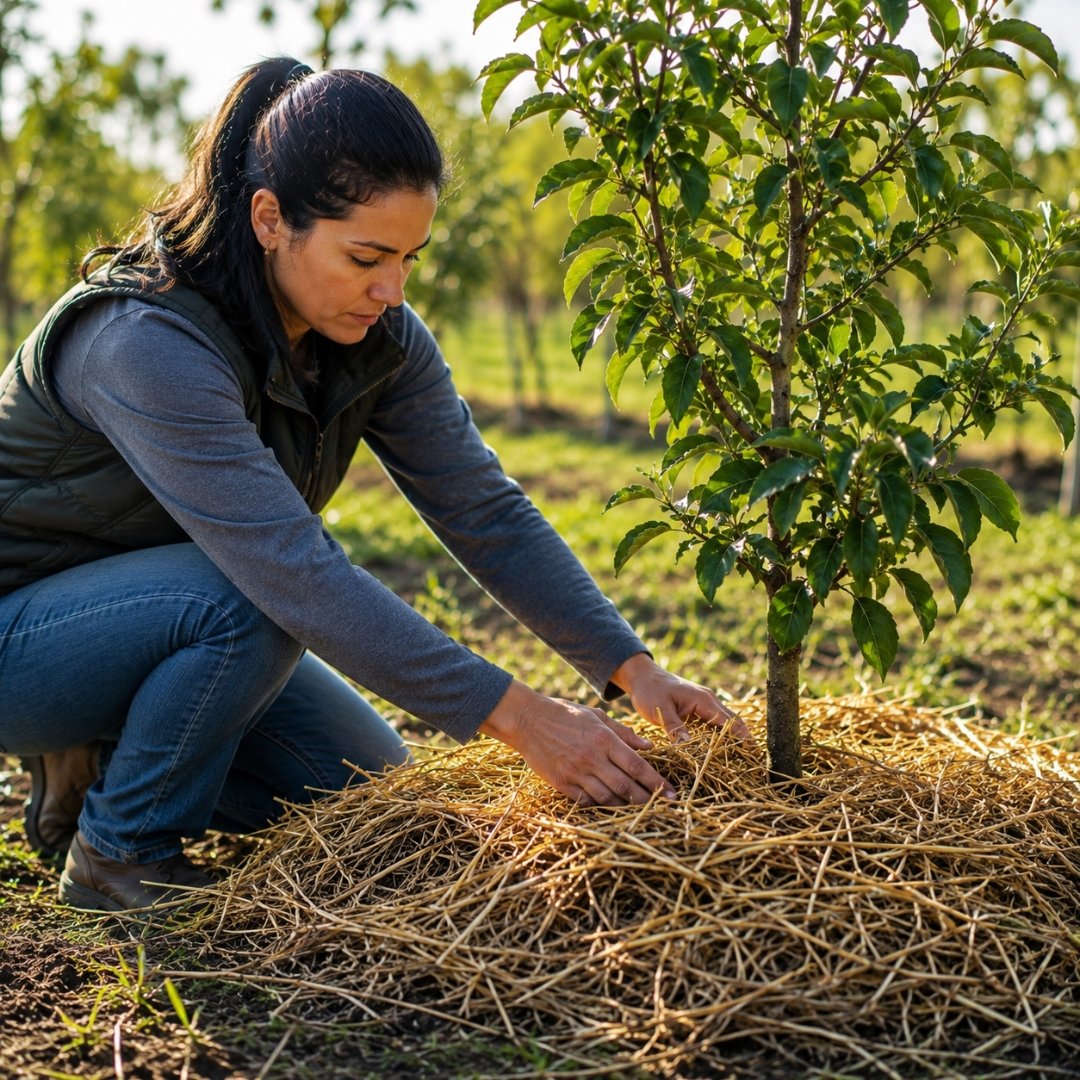 Pessoa aplicando cobertura de palha ao redor de uma frutífera para proteger o solo e conservar a umidade durante o inverno.