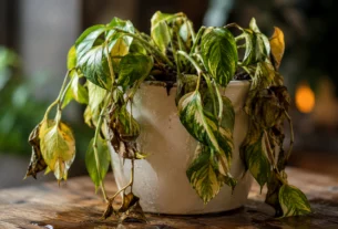 Planta jiboia com folhas murchas e caídas em vaso, apresentando sinais de excesso de água e possível apodrecimento das raízes.