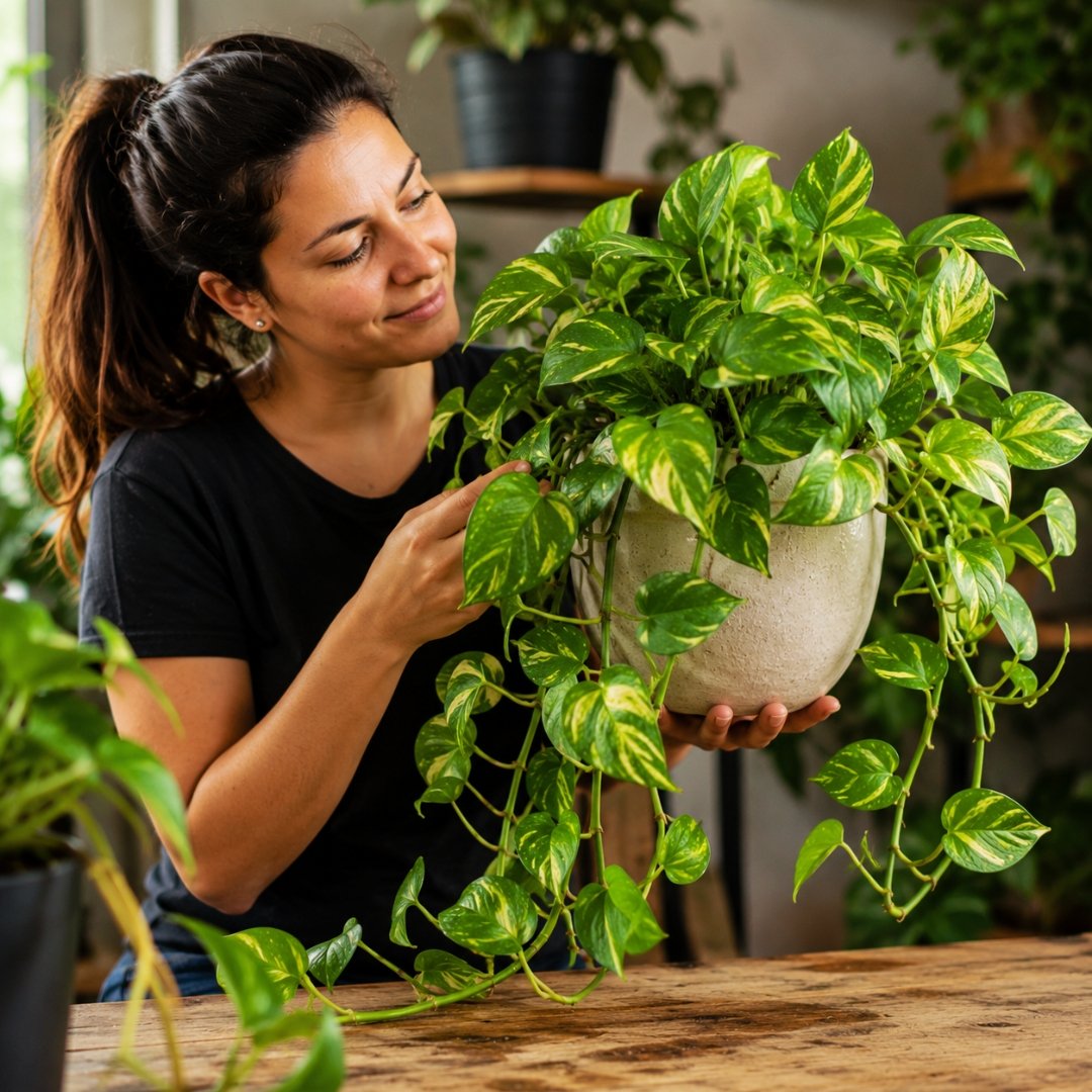Pessoa observando uma planta jiboia saudável e vigorosa em ambiente interno após corrigir problemas causados pelo excesso de água.