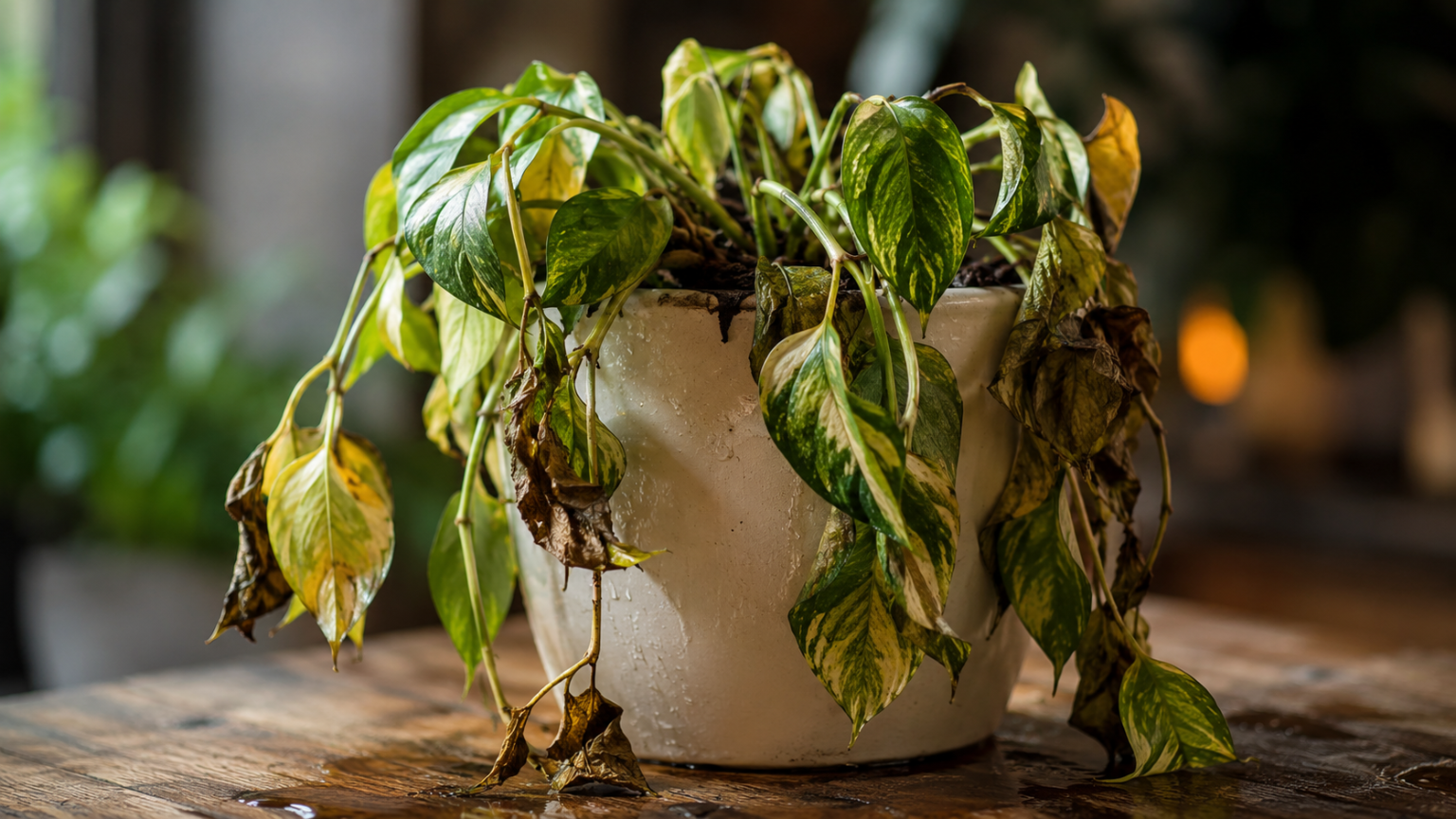 Planta jiboia com folhas murchas e caídas em vaso, apresentando sinais de excesso de água e possível apodrecimento das raízes.