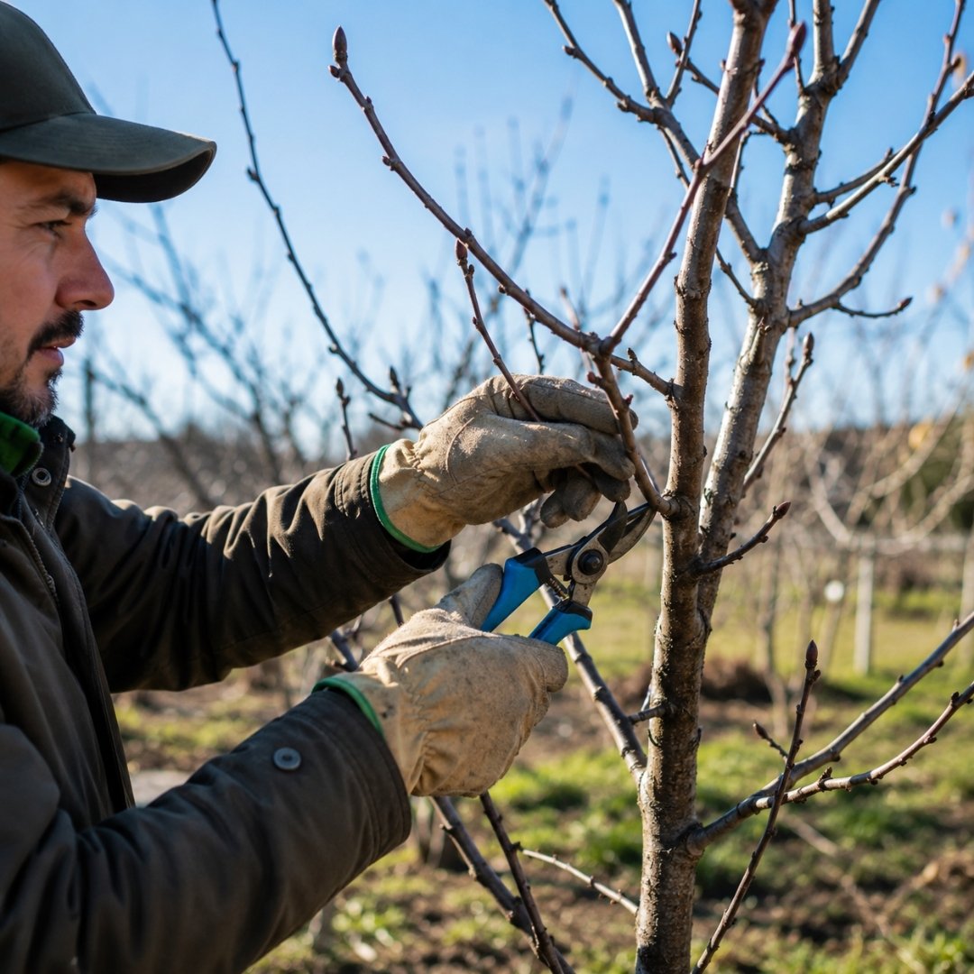 Pessoa realizando poda de inverno em uma frutífera com tesoura de poda para remover galhos e melhorar a estrutura da planta.