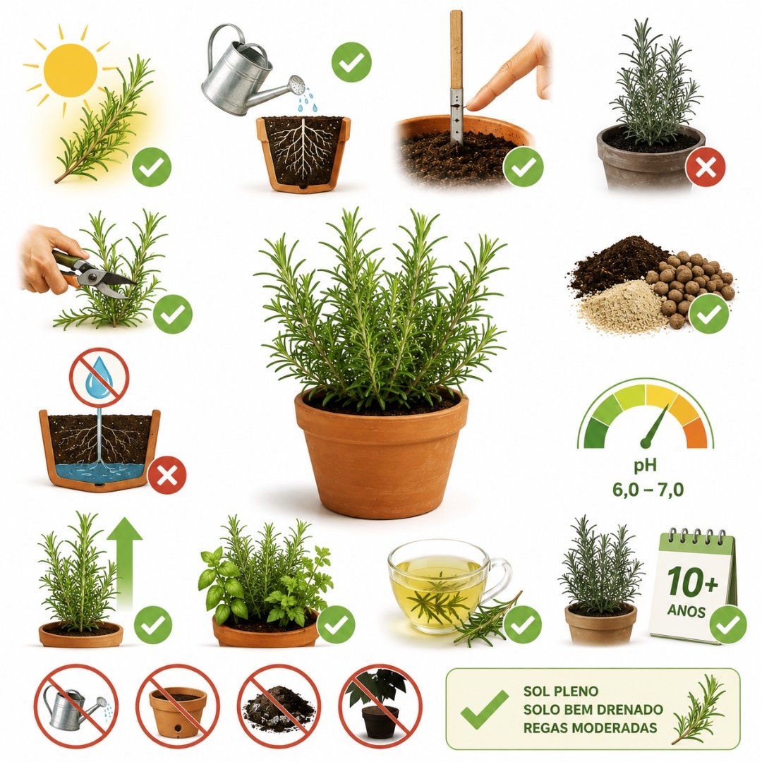 Infográfico ilustrado com alecrim em vaso e elementos visuais que representam sol pleno, rega moderada, solo drenado, poda e cuidados essenciais no cultivo.