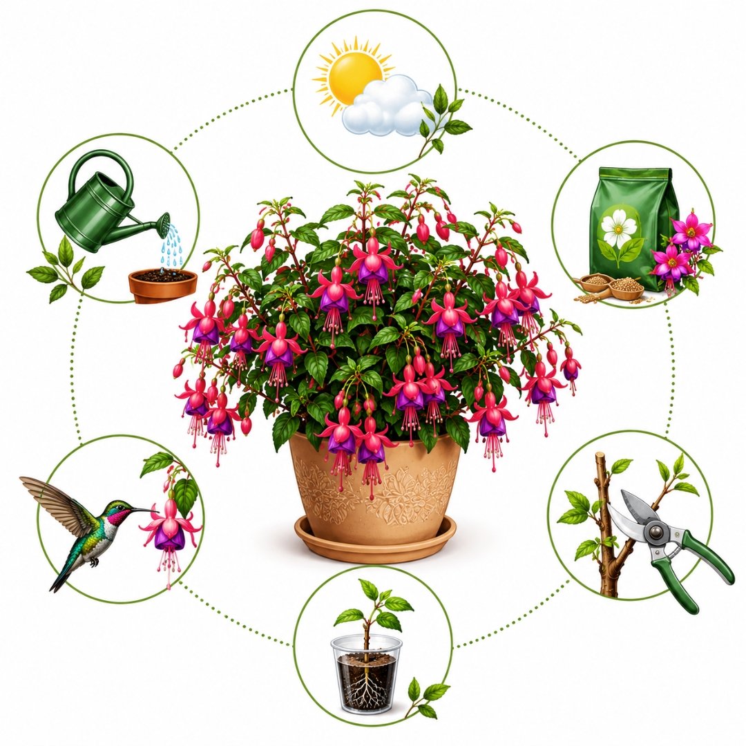 Infográfico ilustrado com os principais cuidados do brinco-de-princesa, mostrando meia-sombra, rega, adubação, poda, propagação por estaquia e atração de beija-flores