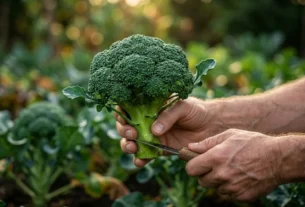 Fotografia em close de mãos limpas colhendo uma cabeça de brócolis verde e compacta com uma faca na horta, focando no ponto ideal de colheita com fundo desfocado