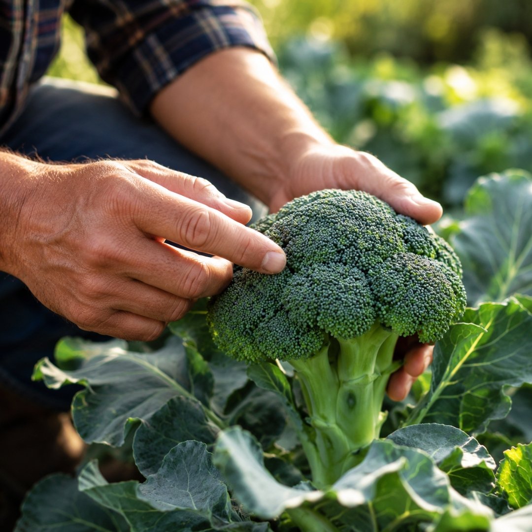 Cultivador examinando uma cabeça de brócolis verde e compacta na horta para verificar o ponto ideal de colheita antes da floração