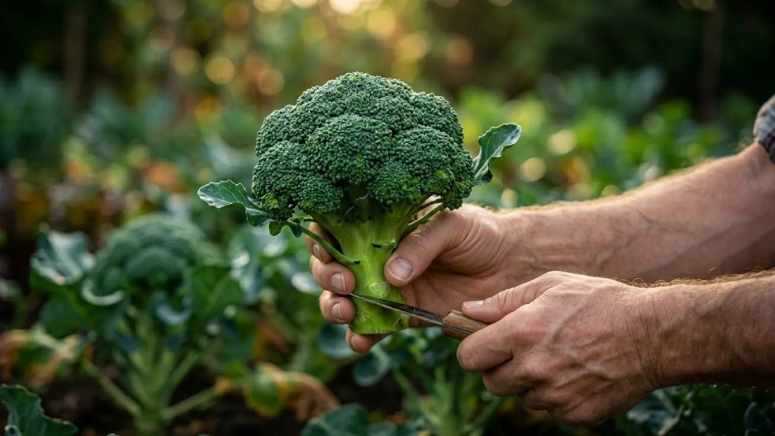Fotografia em close de mãos limpas colhendo uma cabeça de brócolis verde e compacta com uma faca na horta, focando no ponto ideal de colheita com fundo desfocado