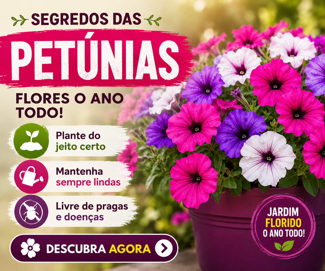 Vaso com petúnias rosas, roxas e brancas em plena floração, destacando cuidados para manter flores abundantes durante todo o ano.