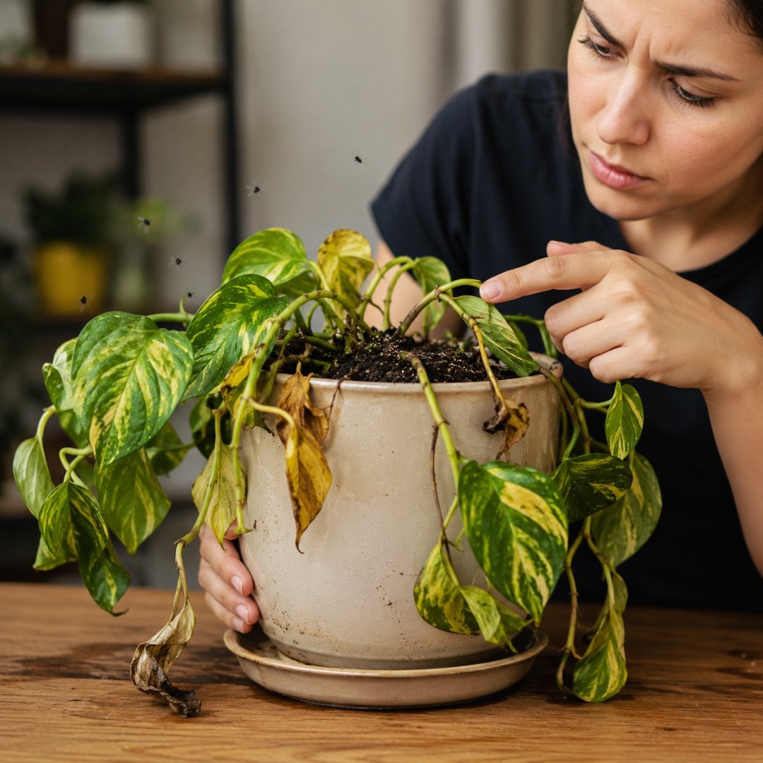 Pessoa examinando uma jiboia com folhas amareladas e caídas em vaso com substrato úmido, observando sinais de excesso de água.