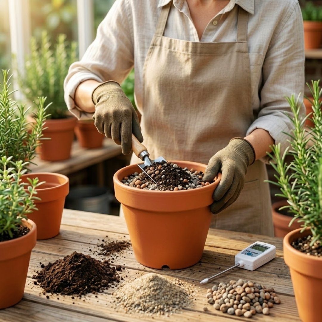 Mãos com luvas de jardinagem usando uma pequena pá para misturar terra vegetal escura, areia grossa e cascalho dentro de um vaso de cerâmica limpo, preparando um substrato altamente drenável.