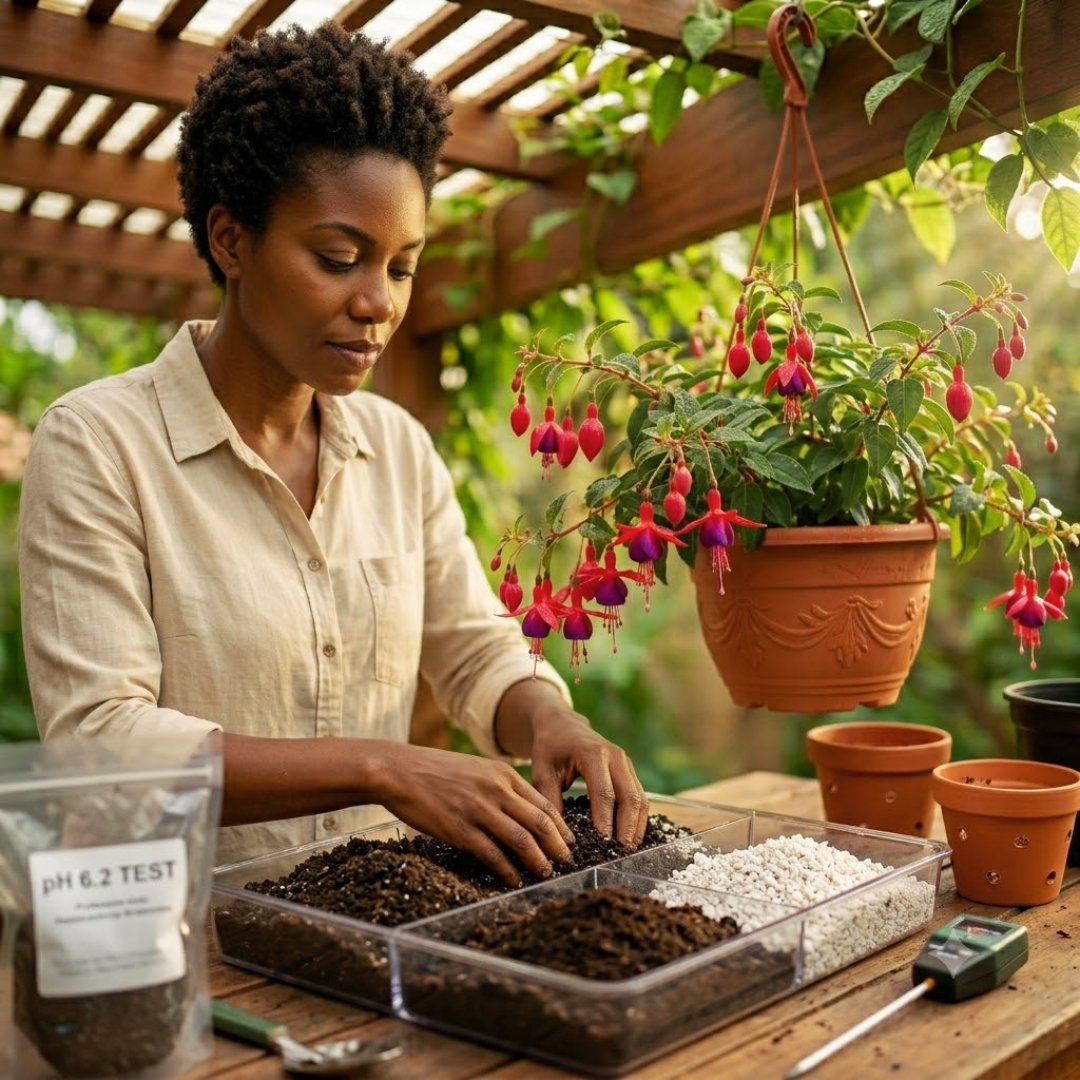 Mulher negra em uma bancada misturando terra escura, húmus e perlita branca em uma bandeja, com um medidor de pH e um vaso de brinco-de-princesa ao fundo