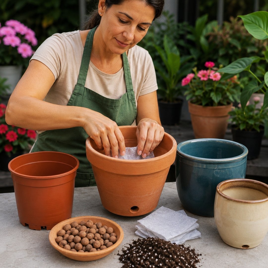 Pessoa posicionando uma manta de drenagem dentro de um vaso de barro antes do plantio, com diferentes tipos de vasos e materiais de cultivo organizados sobre a bancada.