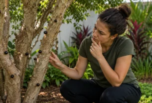 Pessoa observando o tronco de uma jabuticabeira com poucos frutos para identificar fatores que influenciam a produção da planta.