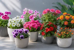 Conjunto de flores fáceis de cultivar em vasos, incluindo gerânio, petúnia, calandiva, begônia, lantana, impatiens, amor-perfeito e onze-horas em ambiente bem iluminado.
