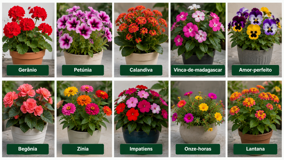 Painel com dez flores fáceis de cultivar em vasos identificadas por nome: gerânio, petúnia, calandiva, vinca-de-madagascar, amor-perfeito, begônia, zínia, impatiens, onze-horas e lantana.