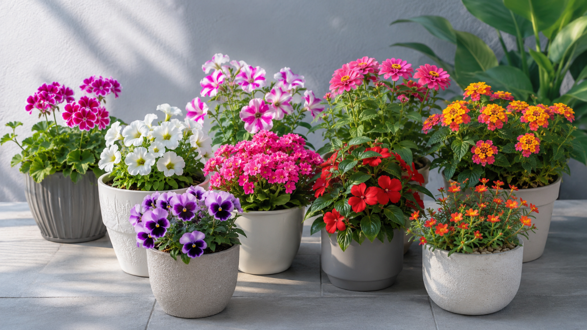 Conjunto de flores fáceis de cultivar em vasos, incluindo gerânio, petúnia, calandiva, begônia, lantana, impatiens, amor-perfeito e onze-horas em ambiente bem iluminado.