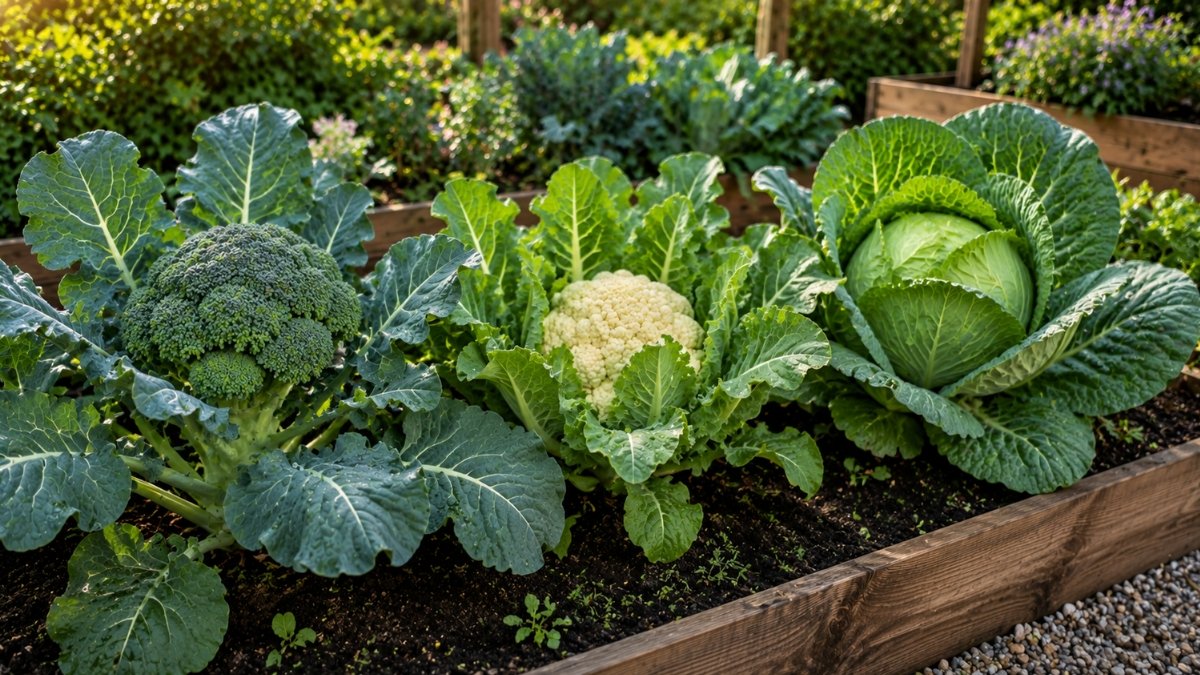 Canteiro elevado com brócolis, couve-flor e repolho cultivados com espaçamento adequado, representando as principais brassicáceas para plantar em agosto.