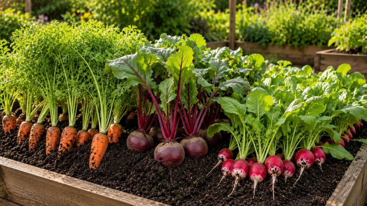 Canteiro elevado com cenouras, beterrabas e rabanetes cultivados em solo profundo e fértil, representando as principais hortaliças de raiz para plantar em agosto.