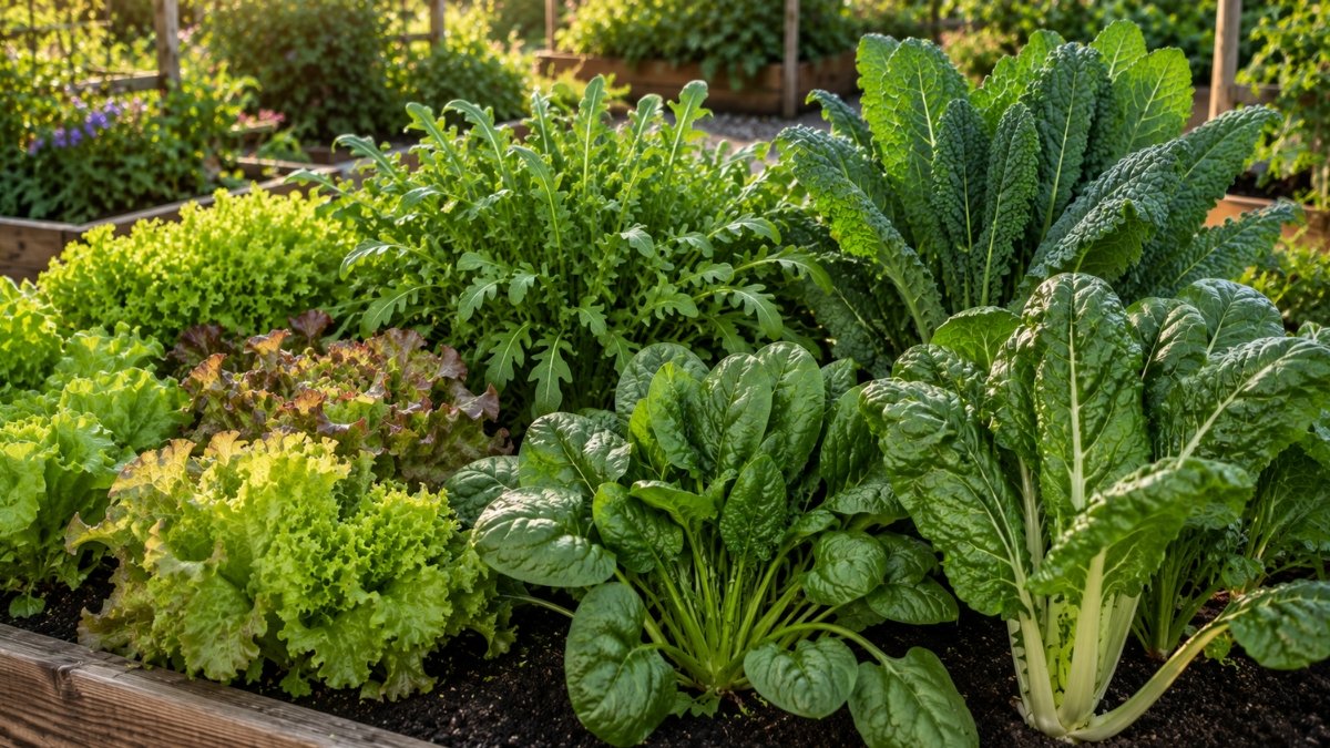 Canteiro elevado cultivando alface, rúcula, couve, espinafre e acelga, principais hortaliças folhosas recomendadas para plantar em agosto.