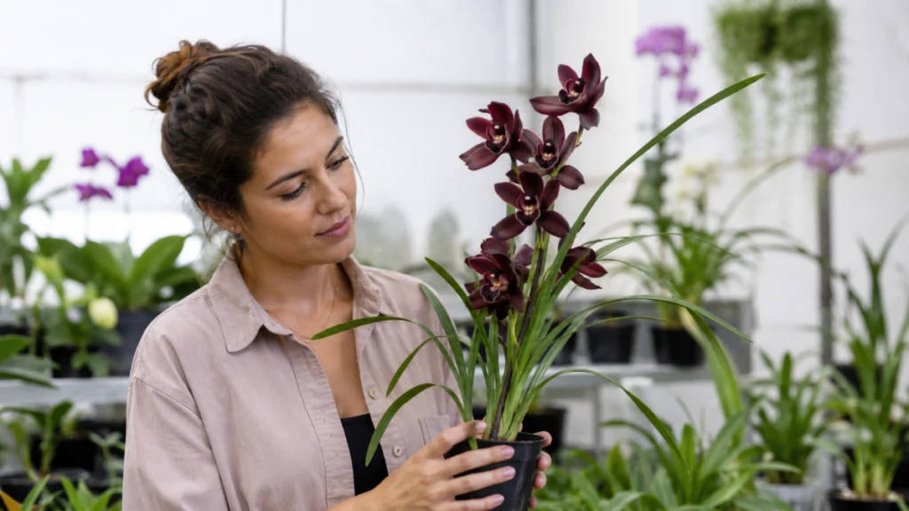 Mulher observando atentamente uma muda de Orquídea Negra Cymbidium Kiwi Midnight em um viveiro bem iluminado, avaliando suas flores de coloração escura antes da compra.