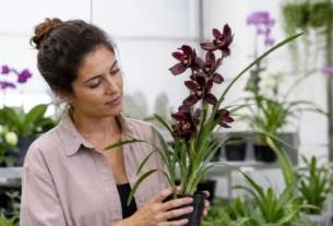 Mulher observando atentamente uma muda de Orquídea Negra Cymbidium Kiwi Midnight em um viveiro bem iluminado, avaliando suas flores de coloração escura antes da compra.