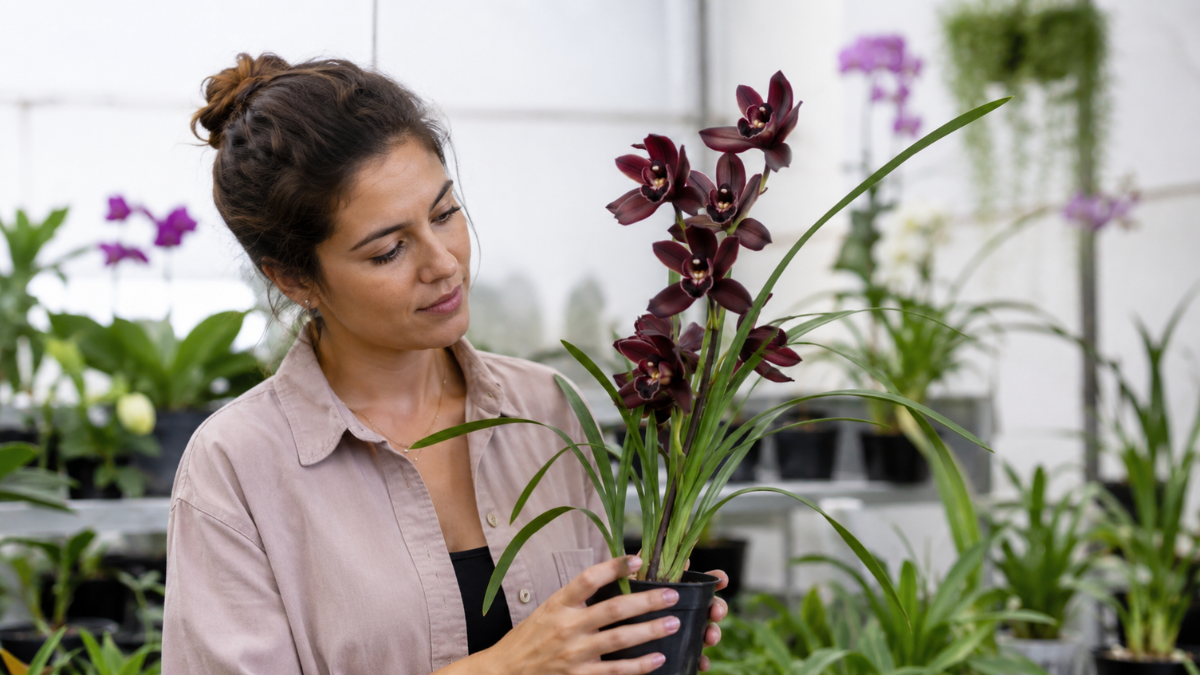 Mulher observando atentamente uma muda de Orquídea Negra Cymbidium Kiwi Midnight em um viveiro bem iluminado, avaliando suas flores de coloração escura antes da compra.
