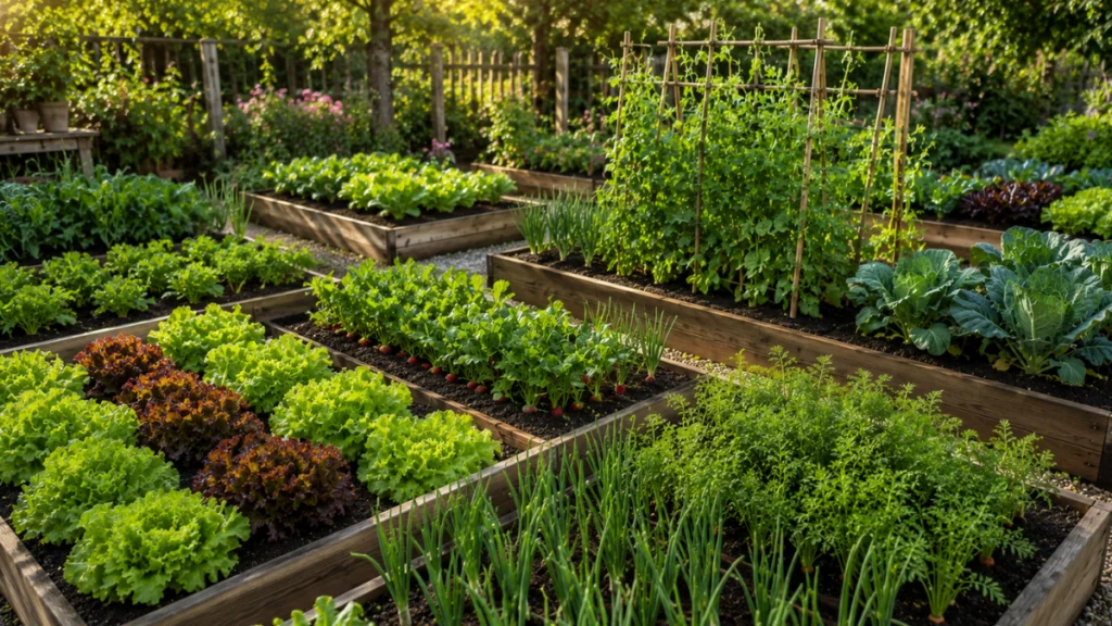 Horta organizada com canteiros elevados cultivando alface, cenoura, cebolinha, ervilha, couve e outras hortaliças recomendadas para plantar em agosto.