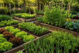 Horta organizada com canteiros elevados cultivando alface, cenoura, cebolinha, ervilha, couve e outras hortaliças recomendadas para plantar em agosto.