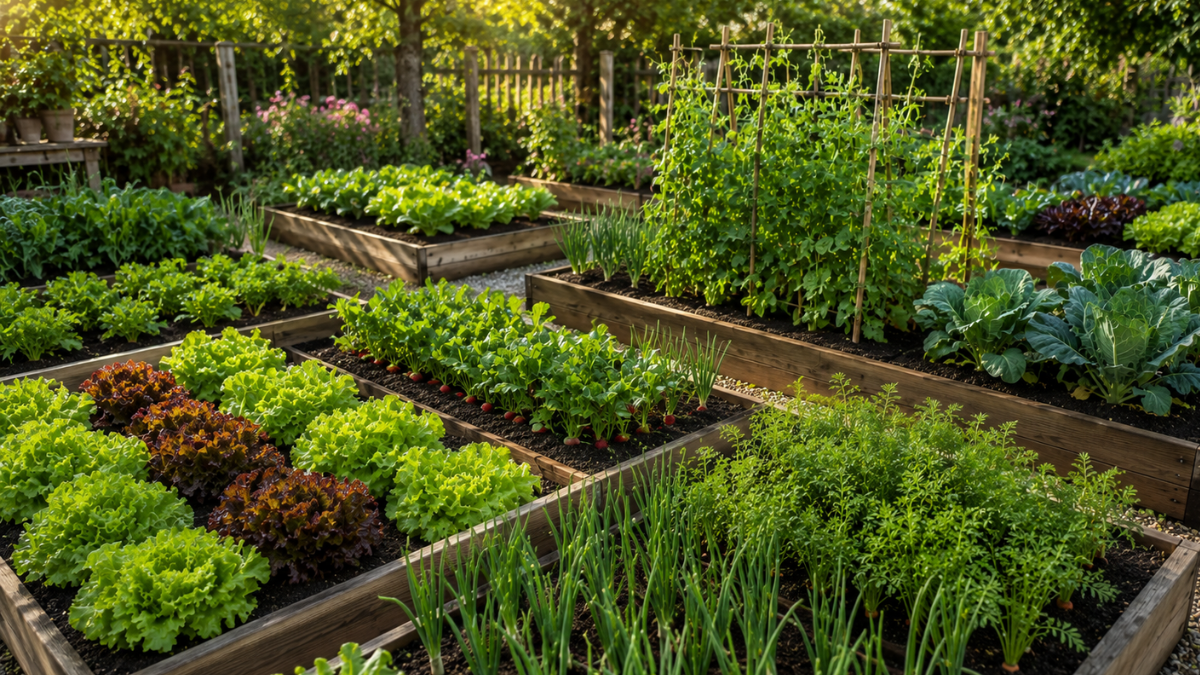 Horta organizada com canteiros elevados cultivando alface, cenoura, cebolinha, ervilha, couve e outras hortaliças recomendadas para plantar em agosto.