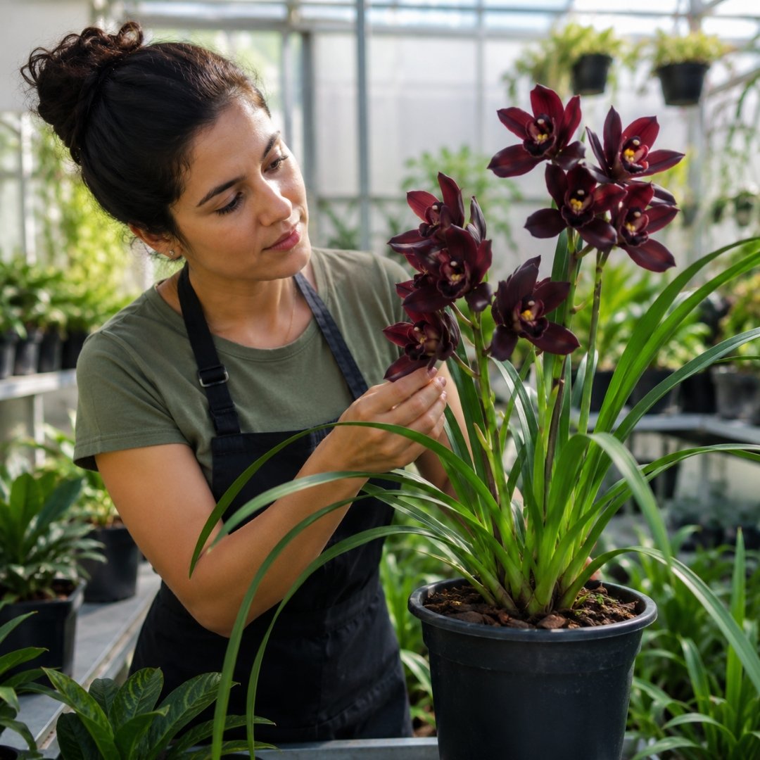 Mulher observando atentamente uma muda de Orquídea Negra Cymbidium Kiwi Midnight em vaso durante os primeiros cuidados em um ambiente de cultivo bem iluminado.