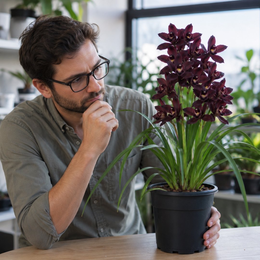 Homem analisando uma muda de Orquídea Negra Cymbidium Kiwi Midnight em vaso próximo a uma janela bem iluminada, observando seu desenvolvimento antes da floração.