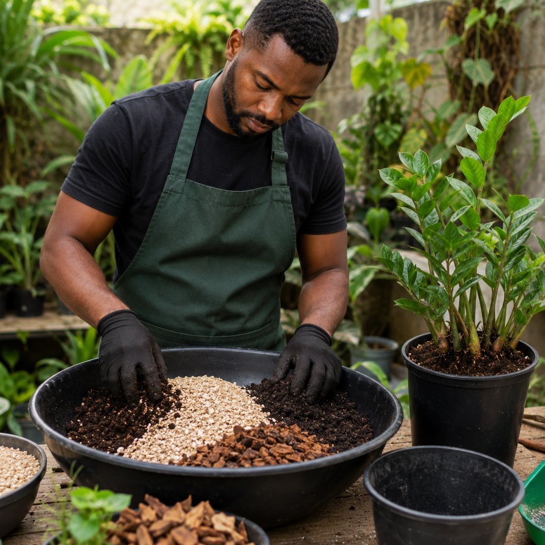 Homem preparando um substrato leve e bem drenado para o cultivo de uma zamioculca, misturando os componentes em ambiente externo.