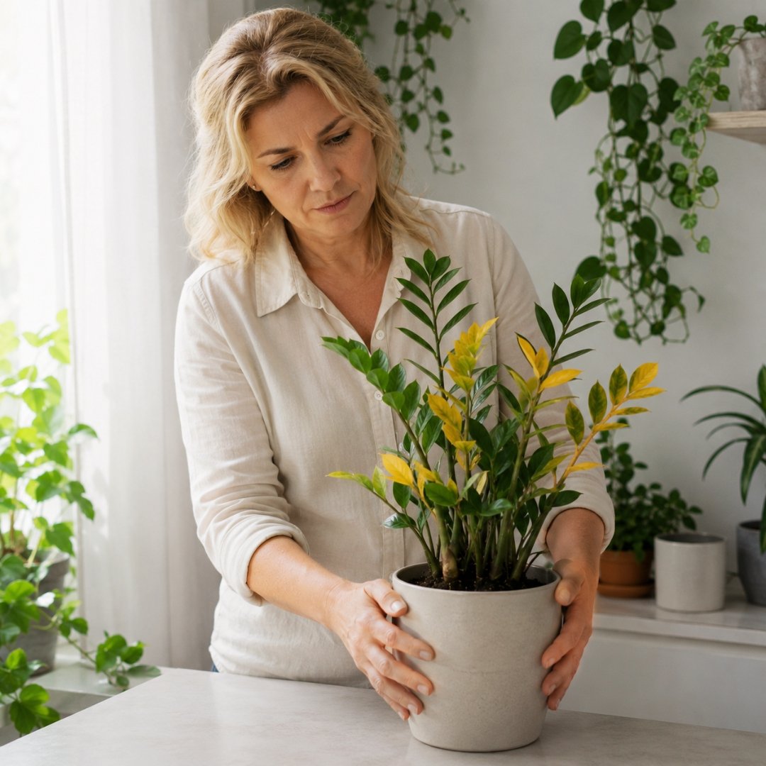 Mulher posicionando uma zamioculca com folhas amareladas em um local com luz indireta durante o processo de recuperação da planta.