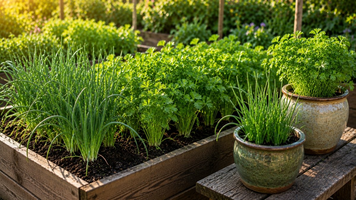 Cebolinha e salsa cultivadas em canteiro elevado e vasos cerâmicos, demonstrando diferentes formas de cultivo de temperos para plantar em agosto.