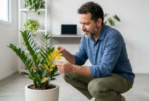Homem agachado em ambiente interno inspecionando folha amarela de uma planta zamioculca em vaso cerâmico claro.