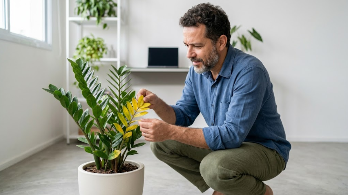Homem agachado em ambiente interno inspecionando folha amarela de uma planta zamioculca em vaso cerâmico claro.