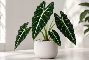 Alocasia Frydek (Alocasia micholitziana) cultivada em vaso cerâmico branco, com folhas verde-escuras aveludadas e nervuras branco-esverdeadas em ambiente interno iluminado.