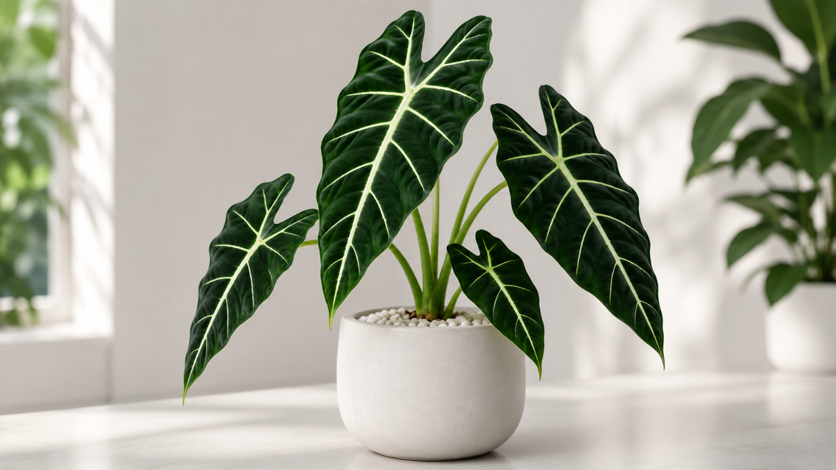 Alocasia Frydek (Alocasia micholitziana) cultivada em vaso cerâmico branco, com folhas verde-escuras aveludadas e nervuras branco-esverdeadas em ambiente interno iluminado.