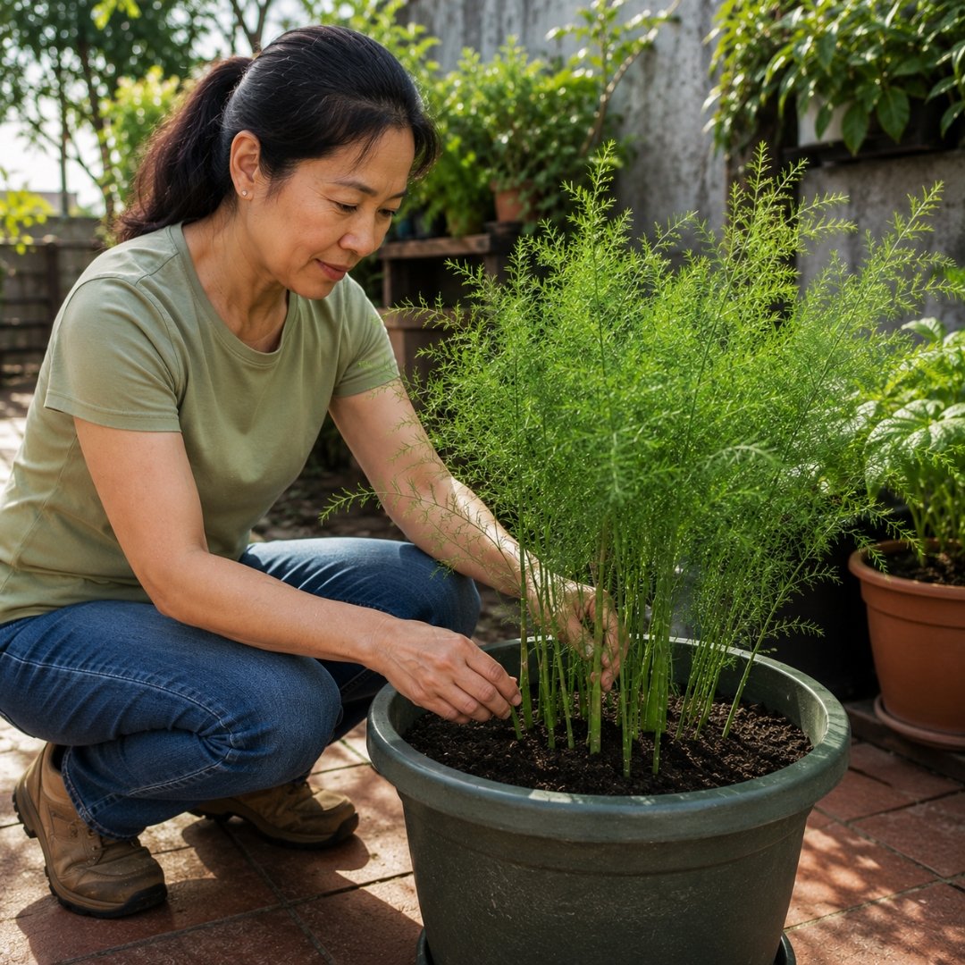 Mulher cultivando aspargo em vaso grande e profundo