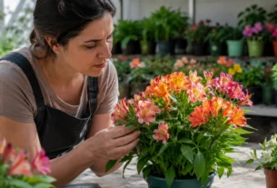 Astromélia florida em vaso sendo observada por uma jardineira em ambiente de cultivo
