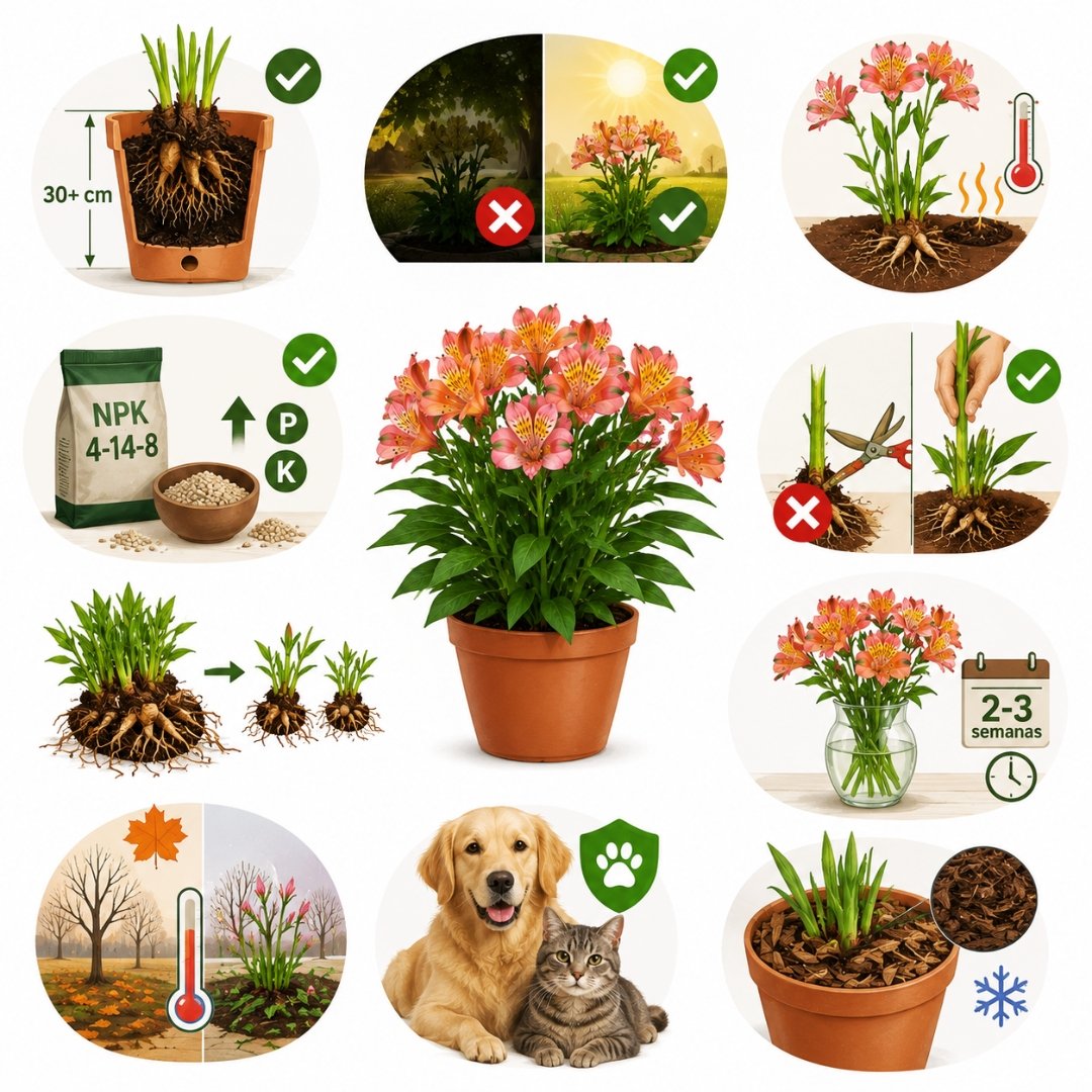 Infográfico ilustrado com cuidados para cultivar astromélia em vaso