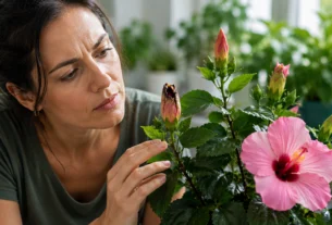 Mulher observa botão de hibisco que não abriu ao lado de uma flor aberta