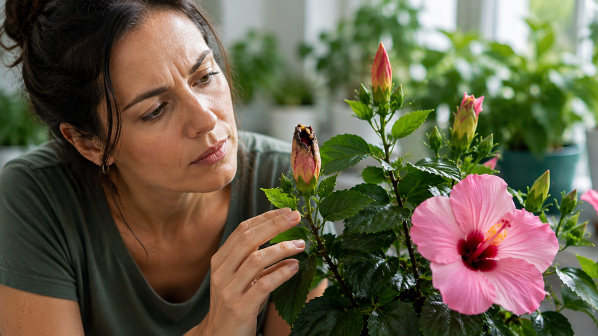 Mulher observa botão de hibisco que não abriu ao lado de uma flor aberta