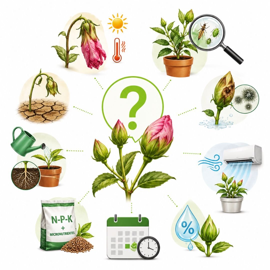 Ilustração de botão floral cercado por fatores que podem impedir a abertura das flores