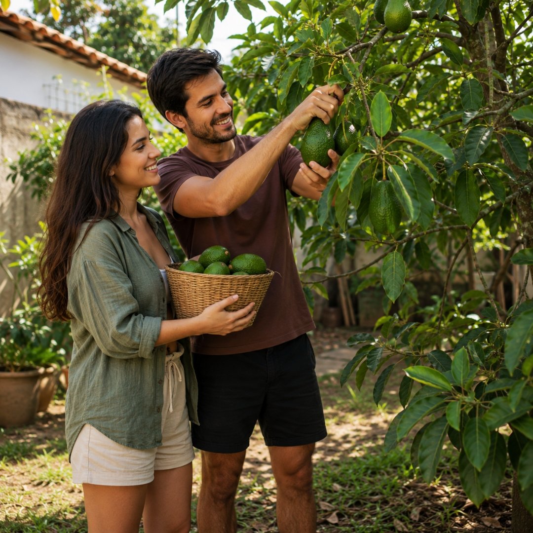 Casal jovem colhendo abacates maduros em árvore frutífera no quintal