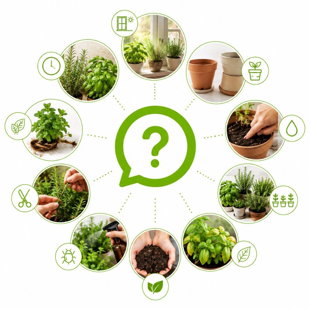 Infográfico ilustrado com cuidados essenciais para o cultivo de ervas aromáticas em casa