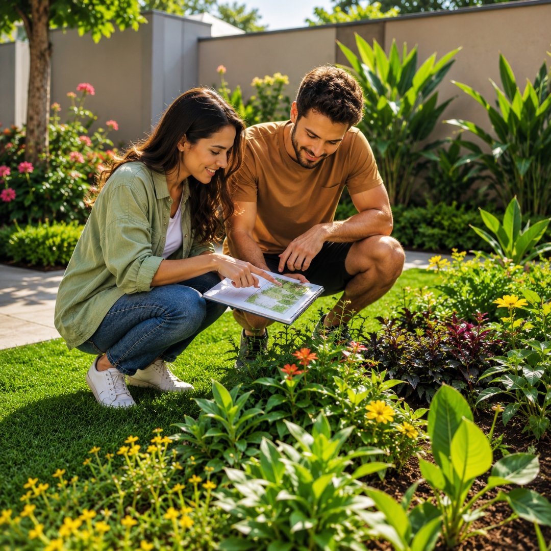 Casal jovem analisando o planejamento de um jardim entre plantas ornamentais