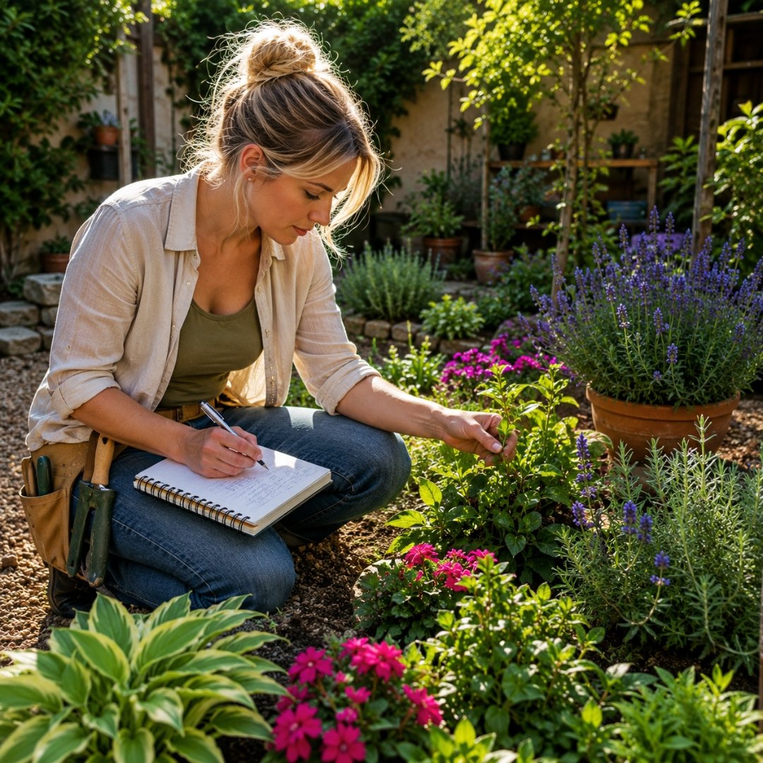 Mulher analisando plantas ornamentais e registrando critérios de escolha no jardim