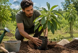 Homem plantando muda de abacateiro em solo preparado em um jardim