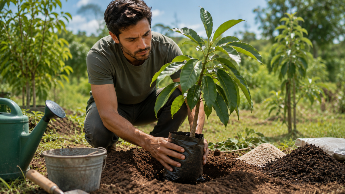 Homem plantando muda de abacateiro em solo preparado em um jardim